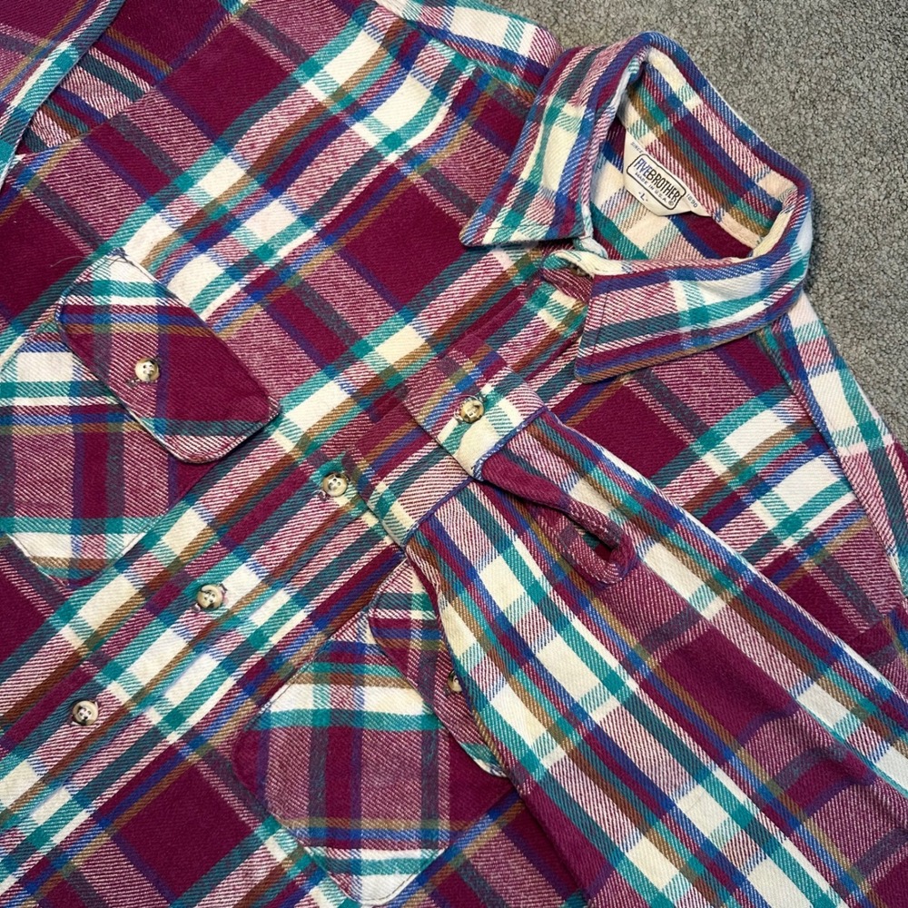 Five Brother Flannel Shirt Mens L Magenta Plaid Heavyweight Made in USA Vintage